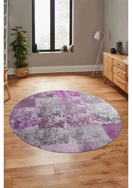 Baskılı Kaymaz Yıkanabilir Patchwork Desen Yuvarlak Mutfak Salon Halısı, Y-Patchwork-17-Pembe,
