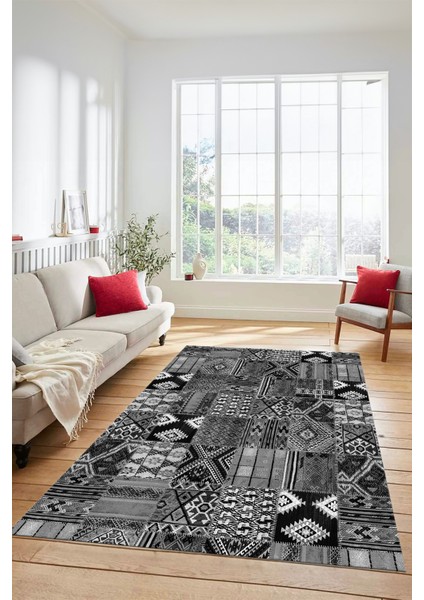 Dijital Kaymaz Taban Yıkanabilir Patchwork Desen Yolluk Mutfak Salon Halısı, Patchwork-06-Gri,
