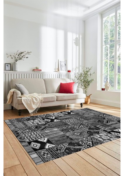 Dijital Kaymaz Taban Yıkanabilir Patchwork Desen Yolluk Mutfak Salon Halısı, Patchwork-06-Gri,