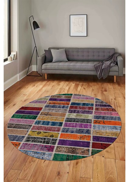 Baskılı Kaymaz Yıkanabilir Patchwork Desen Yuvarlak Mutfak Salon Halısı, Y-Patchwork-09-Renkli, indirimleri
