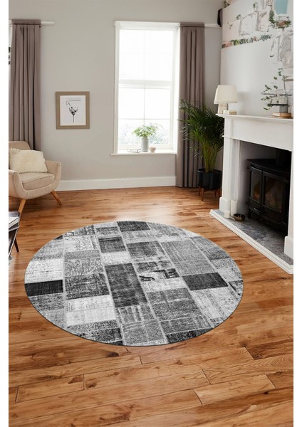 Baskılı Kaymaz Yıkanabilir Patchwork Desen Yuvarlak Mutfak Salon Halısı, Y-Patchwork-03-Gri,