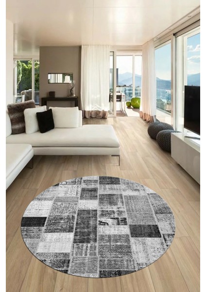 Baskılı Kaymaz Yıkanabilir Patchwork Desen Yuvarlak Mutfak Salon Halısı, Y-Patchwork-03-Gri, fiyatları
