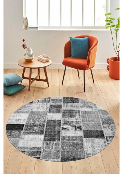 Baskılı Kaymaz Yıkanabilir Patchwork Desen Yuvarlak Mutfak Salon Halısı, Y-Patchwork-03-Gri, modelleri