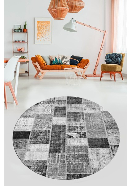 Baskılı Kaymaz Yıkanabilir Patchwork Desen Yuvarlak Mutfak Salon Halısı, Y-Patchwork-03-Gri, fırsatları