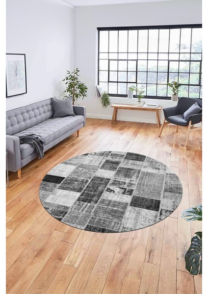 Baskılı Kaymaz Yıkanabilir Patchwork Desen Yuvarlak Mutfak Salon Halısı, Y-Patchwork-03-Gri, indirimleri