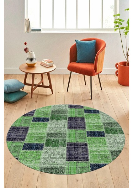 Baskılı Kaymaz Yıkanabilir Patchwork Desen Yuvarlak Mutfak Salon Halısı, Y-Patchwork-07-Yeşil,