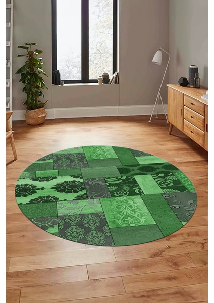 Baskılı Kaymaz Yıkanabilir Patchwork Desen Yuvarlak Mutfak Salon Halısı, Y-Patchwork-16-Yeşil,