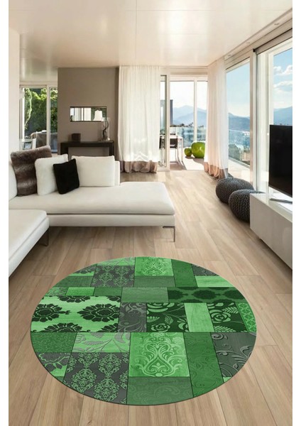 Baskılı Kaymaz Yıkanabilir Patchwork Desen Yuvarlak Mutfak Salon Halısı, Y-Patchwork-16-Yeşil, fırsatları