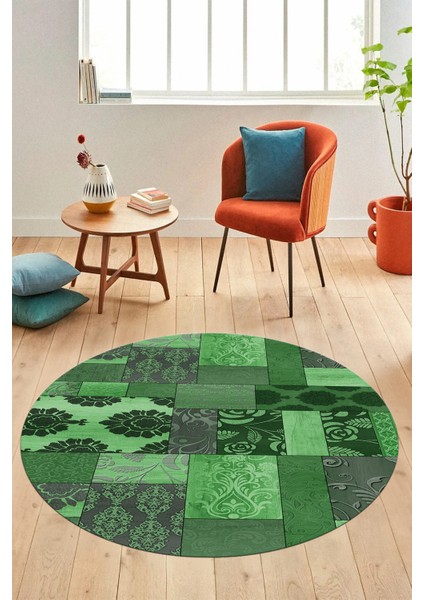 Baskılı Kaymaz Yıkanabilir Patchwork Desen Yuvarlak Mutfak Salon Halısı, Y-Patchwork-16-Yeşil, indirimleri