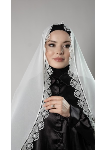 Krem Namaz Başörtüsü Şal Şifon Kumaş Güpürlü 202106_40