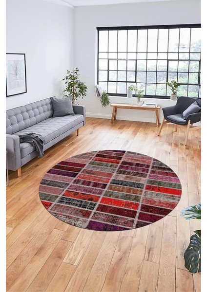 Baskılı Kaymaz Yıkanabilir Patchwork Desen Yuvarlak Mutfak Salon Halısı, Y-Patchwork-09-Kırmızı, fiyatları