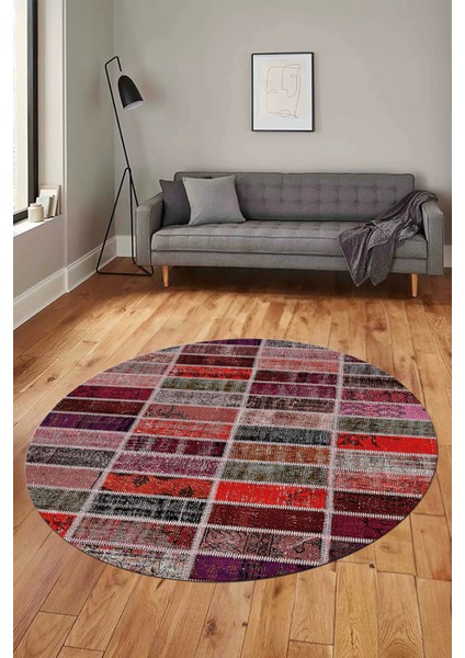 Baskılı Kaymaz Yıkanabilir Patchwork Desen Yuvarlak Mutfak Salon Halısı, Y-Patchwork-09-Kırmızı, indirimleri
