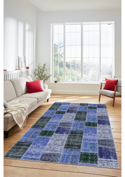 Dijital Kaymaz Taban Yıkanabilir Patchwork Desen Yolluk Mutfak Salon Halısı, Patchwork-07-Mavi,