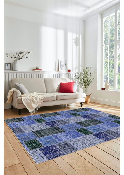 Dijital Kaymaz Taban Yıkanabilir Patchwork Desen Yolluk Mutfak Salon Halısı, Patchwork-07-Mavi,