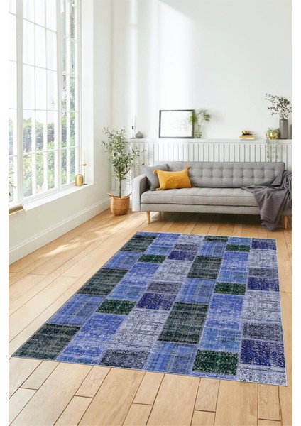 Dijital Kaymaz Taban Yıkanabilir Patchwork Desen Yolluk Mutfak Salon Halısı, Patchwork-07-Mavi,