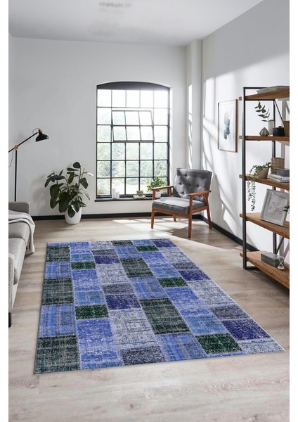Dijital Kaymaz Taban Yıkanabilir Patchwork Desen Yolluk Mutfak Salon Halısı, Patchwork-07-Mavi,