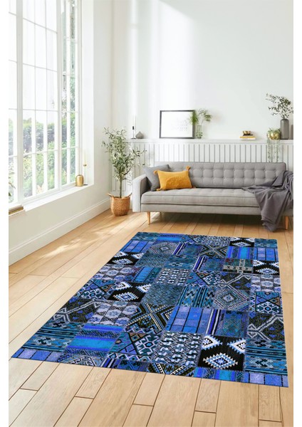 Dijital Kaymaz Taban Yıkanabilir Patchwork Desen Yolluk Mutfak Salon Halısı, Patchwork-06-Mavi, fırsatları