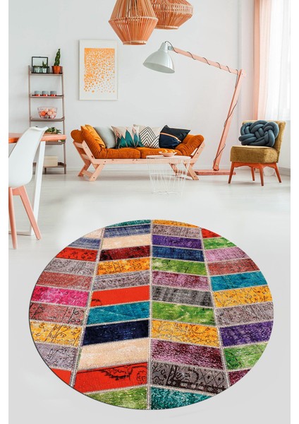 Baskılı Kaymaz Yıkanabilir Patchwork Desen Yuvarlak Mutfak Salon Halısı, Y-Patchwork-10-Renkli,