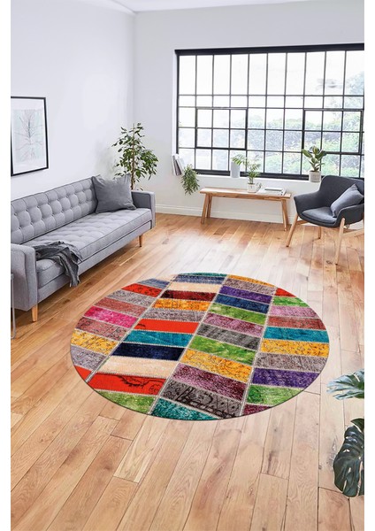 Baskılı Kaymaz Yıkanabilir Patchwork Desen Yuvarlak Mutfak Salon Halısı, Y-Patchwork-10-Renkli,