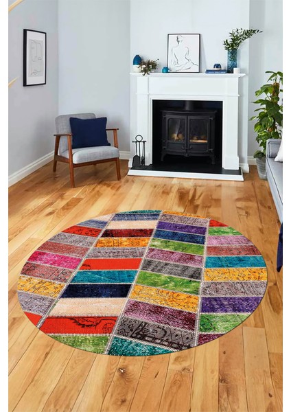 Baskılı Kaymaz Yıkanabilir Patchwork Desen Yuvarlak Mutfak Salon Halısı, Y-Patchwork-10-Renkli,