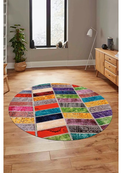 Baskılı Kaymaz Yıkanabilir Patchwork Desen Yuvarlak Mutfak Salon Halısı, Y-Patchwork-10-Renkli,
