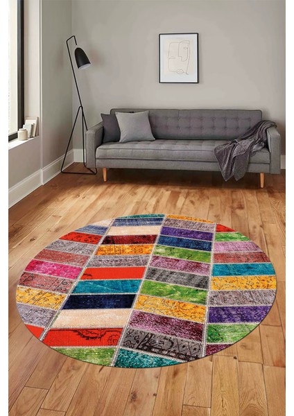 Baskılı Kaymaz Yıkanabilir Patchwork Desen Yuvarlak Mutfak Salon Halısı, Y-Patchwork-10-Renkli,