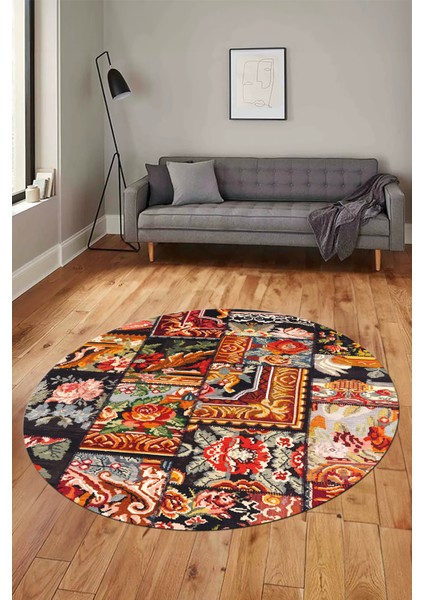 Baskılı Kaymaz Yıkanabilir Patchwork Desen Yuvarlak Mutfak Salon Halısı, Y-Patchwork-12-Renkli,