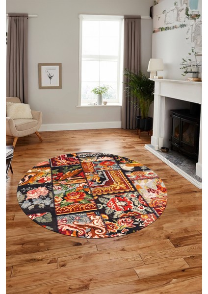 Baskılı Kaymaz Yıkanabilir Patchwork Desen Yuvarlak Mutfak Salon Halısı, Y-Patchwork-12-Renkli,