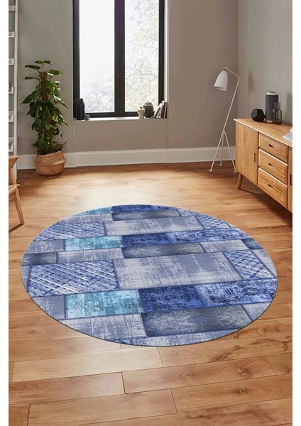 Baskılı Kaymaz Yıkanabilir Patchwork Desen Yuvarlak Mutfak Salon Halısı, Y-Patchwork-18-Mavi,