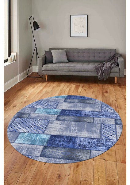 Baskılı Kaymaz Yıkanabilir Patchwork Desen Yuvarlak Mutfak Salon Halısı, Y-Patchwork-18-Mavi, fiyatları
