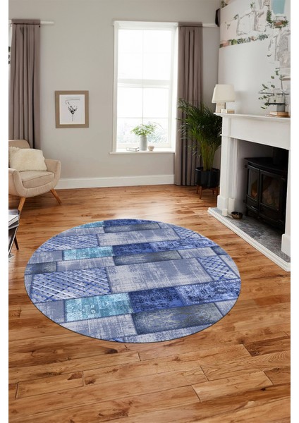 Baskılı Kaymaz Yıkanabilir Patchwork Desen Yuvarlak Mutfak Salon Halısı, Y-Patchwork-18-Mavi, modelleri