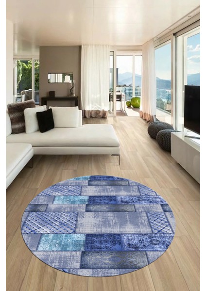 Baskılı Kaymaz Yıkanabilir Patchwork Desen Yuvarlak Mutfak Salon Halısı, Y-Patchwork-18-Mavi, fırsatları