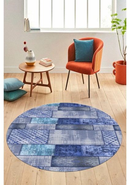 Baskılı Kaymaz Yıkanabilir Patchwork Desen Yuvarlak Mutfak Salon Halısı, Y-Patchwork-18-Mavi, indirimleri