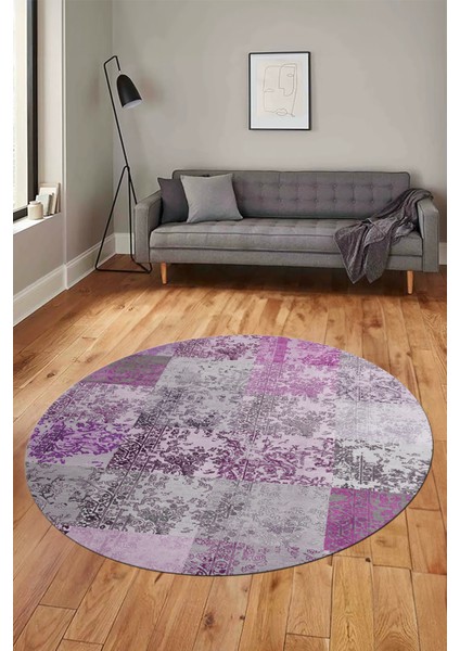 Baskılı Kaymaz Yıkanabilir Patchwork Desen Yuvarlak Mutfak Salon Halısı, Y-Patchwork-17-Pembe,