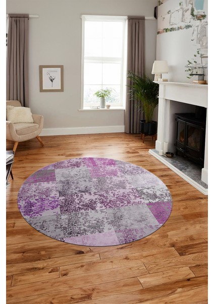 Baskılı Kaymaz Yıkanabilir Patchwork Desen Yuvarlak Mutfak Salon Halısı, Y-Patchwork-17-Pembe,