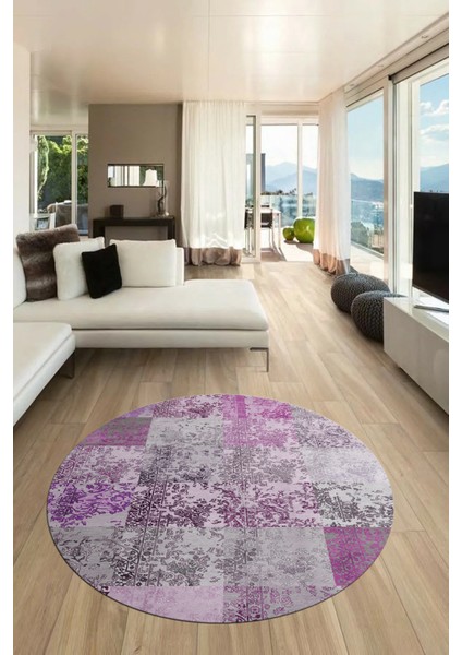 Baskılı Kaymaz Yıkanabilir Patchwork Desen Yuvarlak Mutfak Salon Halısı, Y-Patchwork-17-Pembe,