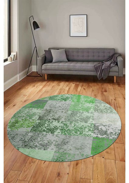 Baskılı Kaymaz Yıkanabilir Patchwork Desen Yuvarlak Mutfak Salon Halısı, Y-Patchwork-17-Yeşil,