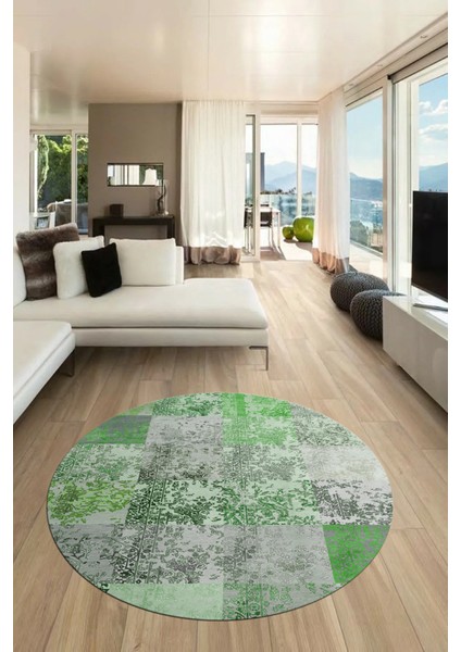 Baskılı Kaymaz Yıkanabilir Patchwork Desen Yuvarlak Mutfak Salon Halısı, Y-Patchwork-17-Yeşil,