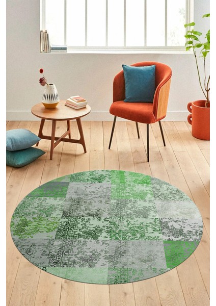 Baskılı Kaymaz Yıkanabilir Patchwork Desen Yuvarlak Mutfak Salon Halısı, Y-Patchwork-17-Yeşil,