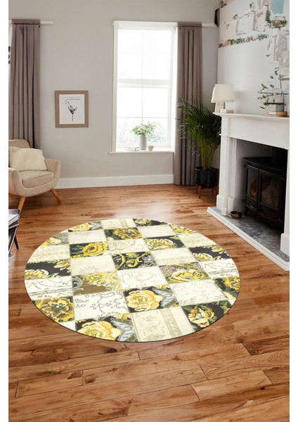 Baskılı Kaymaz Yıkanabilir Patchwork Desen Yuvarlak Mutfak Salon Halısı, Y-Patchwork-19-Sarı, fiyatları