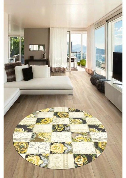 Baskılı Kaymaz Yıkanabilir Patchwork Desen Yuvarlak Mutfak Salon Halısı, Y-Patchwork-19-Sarı, modelleri