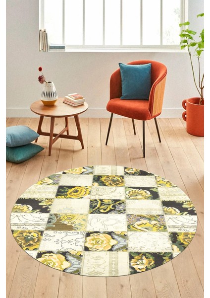 Baskılı Kaymaz Yıkanabilir Patchwork Desen Yuvarlak Mutfak Salon Halısı, Y-Patchwork-19-Sarı, fırsatları