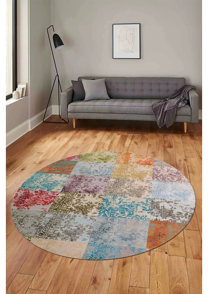 Baskılı Kaymaz Yıkanabilir Patchwork Desen Yuvarlak Mutfak Salon Halısı, Y-Patchwork-17-Renkli, fiyatları