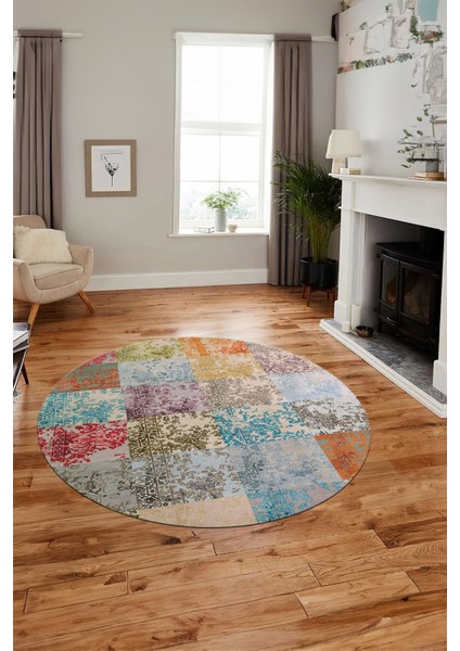 Baskılı Kaymaz Yıkanabilir Patchwork Desen Yuvarlak Mutfak Salon Halısı, Y-Patchwork-17-Renkli, modelleri