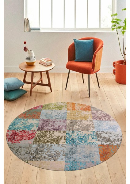 Baskılı Kaymaz Yıkanabilir Patchwork Desen Yuvarlak Mutfak Salon Halısı, Y-Patchwork-17-Renkli, indirimleri