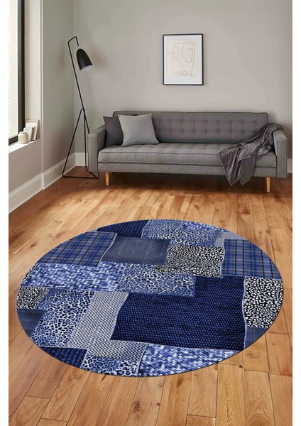 Baskılı Kaymaz Yıkanabilir Patchwork Desen Yuvarlak Mutfak Salon Halısı, Y-Patchwork-15-Mavi, modelleri