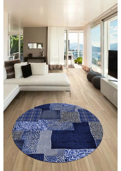 Baskılı Kaymaz Yıkanabilir Patchwork Desen Yuvarlak Mutfak Salon Halısı, Y-Patchwork-15-Mavi, indirimleri