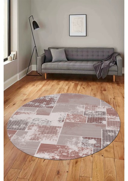Baskılı Kaymaz Yıkanabilir Patchwork Desen Yuvarlak Mutfak Salon Halısı, Y-Patchwork-20-Kahve,