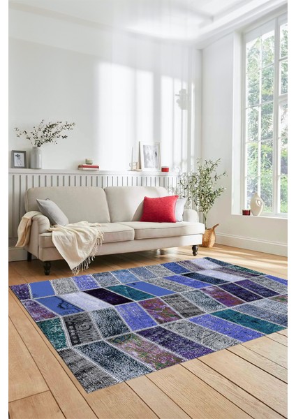 Dijital Kaymaz Taban Yıkanabilir Patchwork Desen Yolluk Mutfak Salon Halısı, Patchwork-10-Mavi,