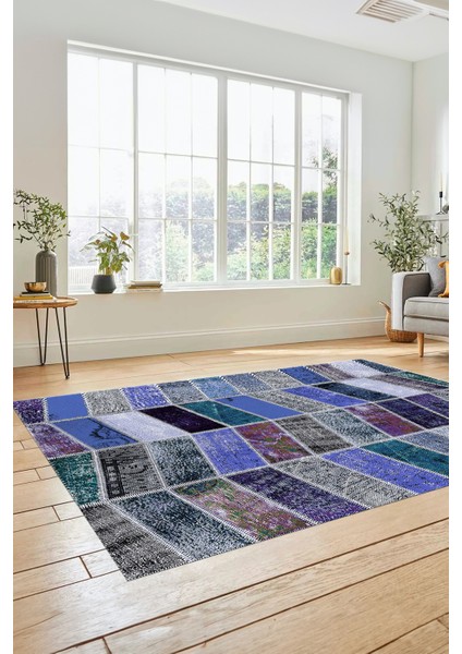 Dijital Kaymaz Taban Yıkanabilir Patchwork Desen Yolluk Mutfak Salon Halısı, Patchwork-10-Mavi,